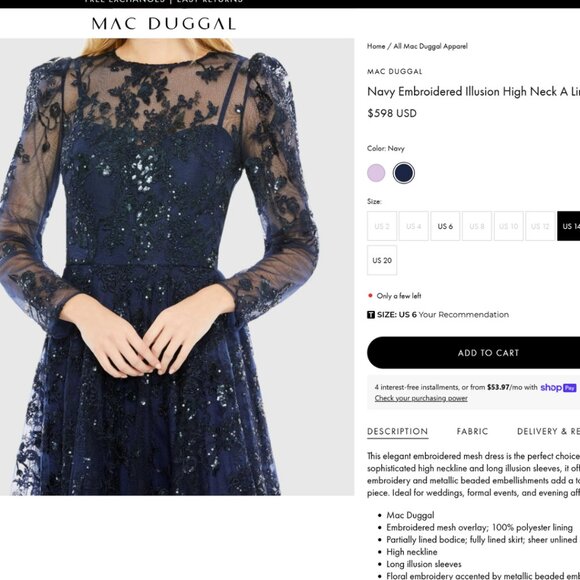 Mac Duggal 50664 Size 18 Blue Embroidered Long Sleeve High Neck Maxi‎ Dress Gown - Picture 2 of 5